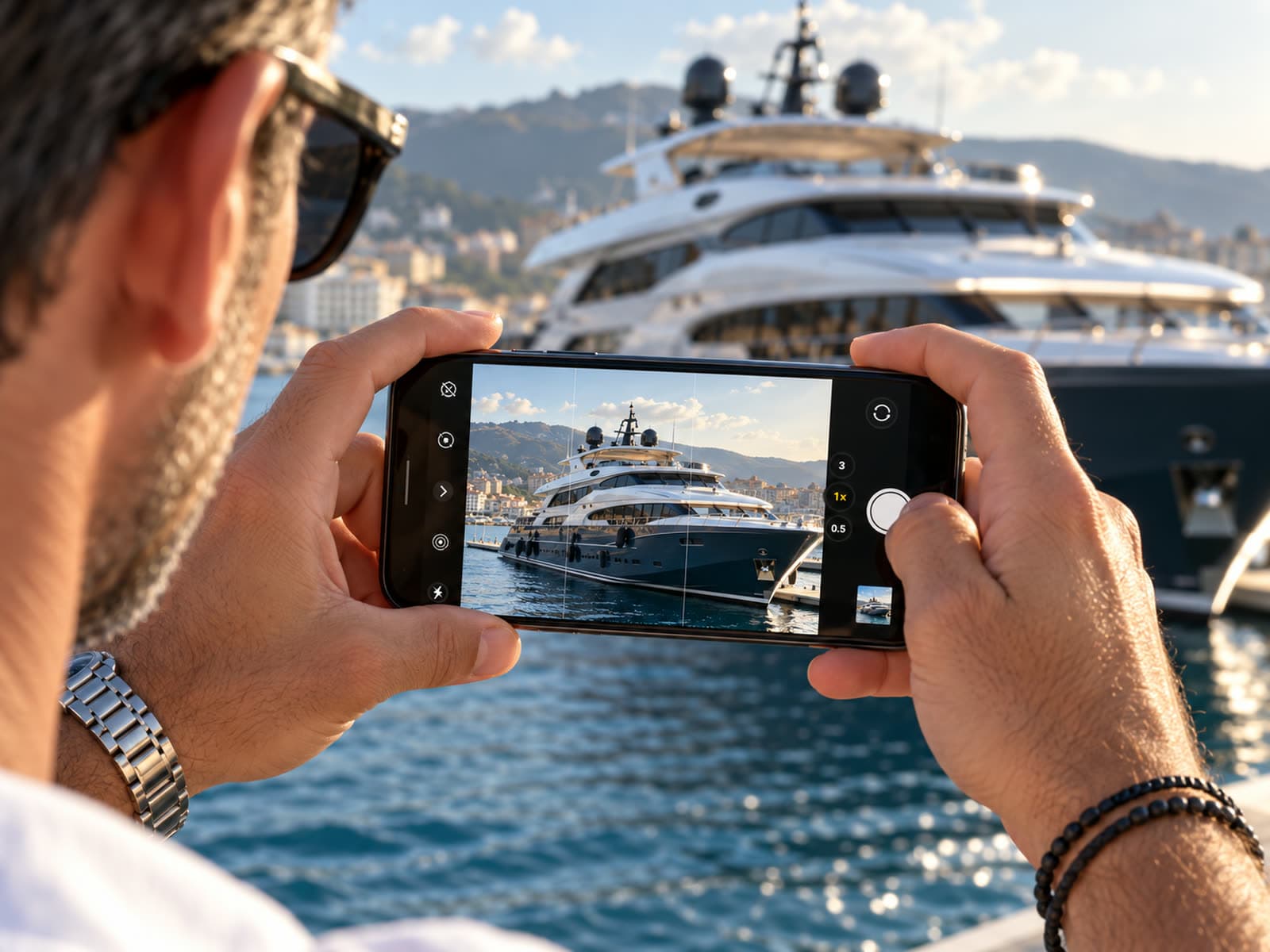A broker photographing a yacht on a phone