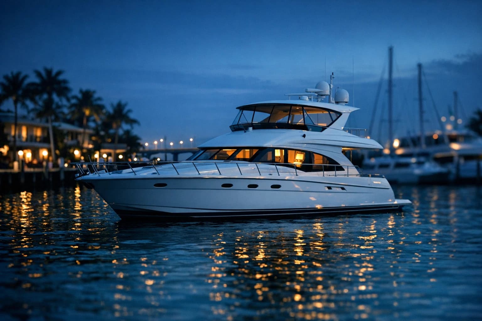 Illustration: a motor yacht moored on the Fort Lauderdale Intracoastal at blue hour, with the waterfront and bridge lights behind it.