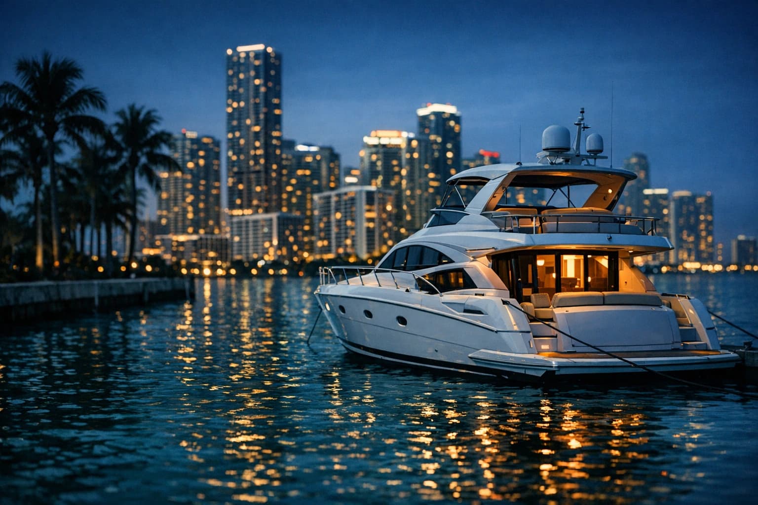 Illustration: a motor yacht moored on Biscayne Bay at blue hour, with the lit Miami skyline behind it.