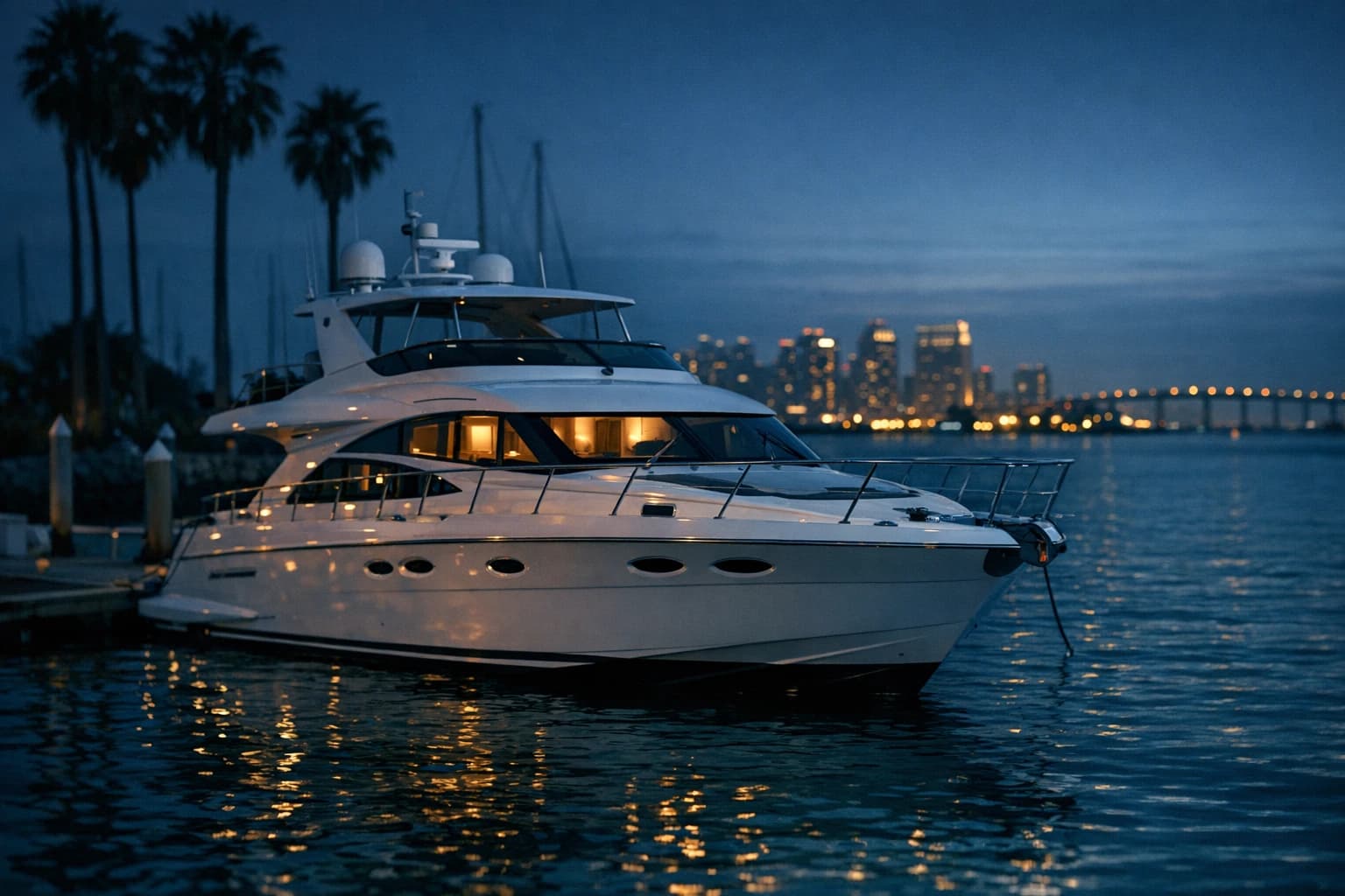 Illustration: a motor yacht moored at a San Diego marina at blue hour, with the downtown skyline and bridge lights behind it.