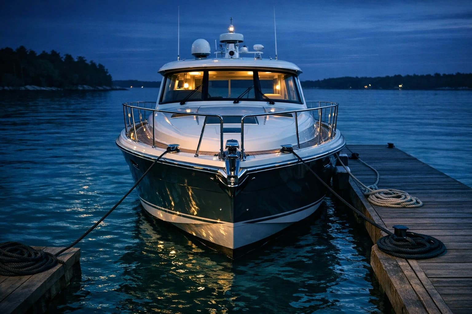 Illustration: a clean motor yacht tied alongside a dock at blue hour.